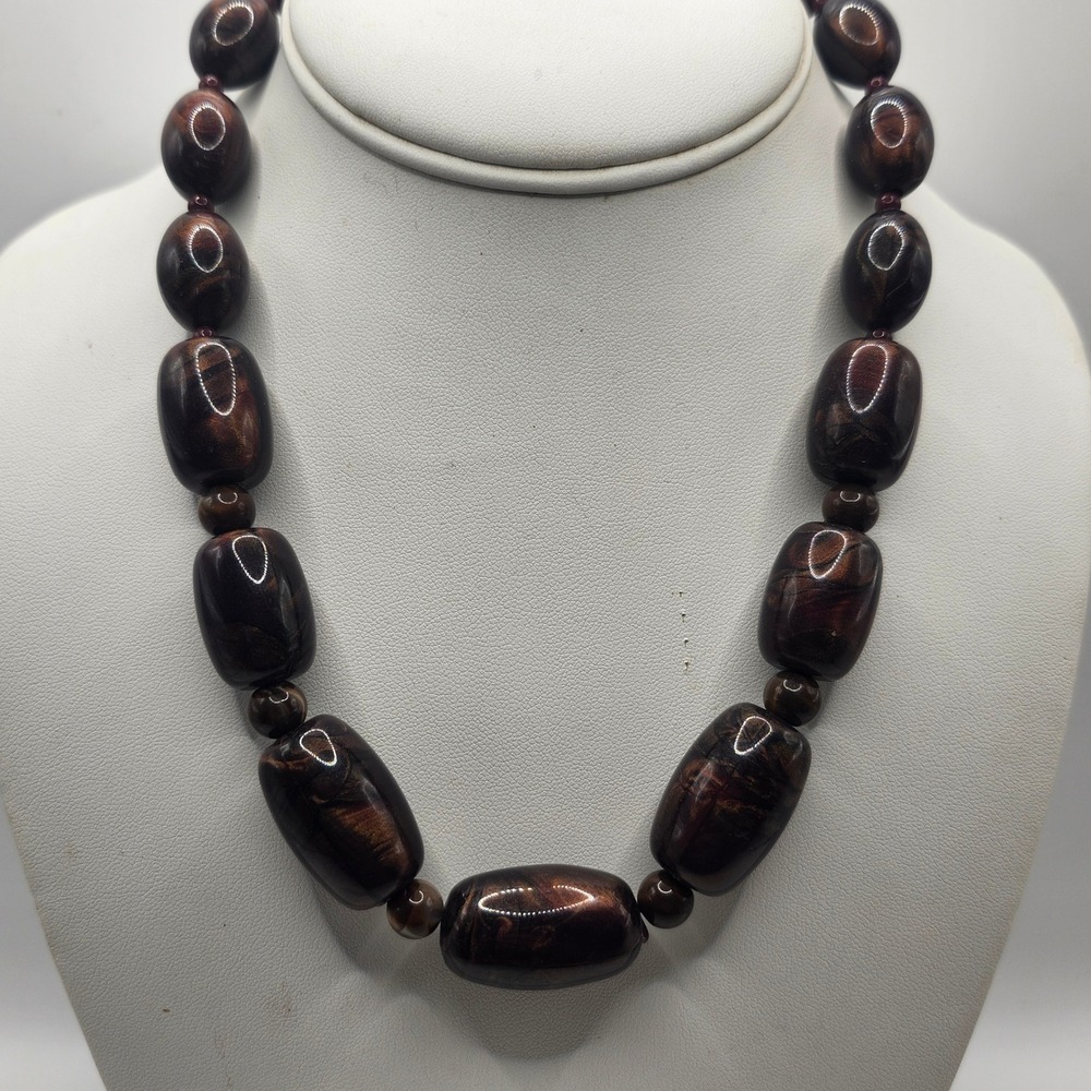 Vintage Brown Swirl Chunky Bead Necklace Bronze Copper Tone Statement Jewelry‎